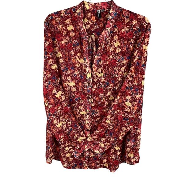 Kut From The Kloth Womens L Chiffon Sheer Floral Blouse Long Tab Sleeve Artsy - Picture 2 of 16